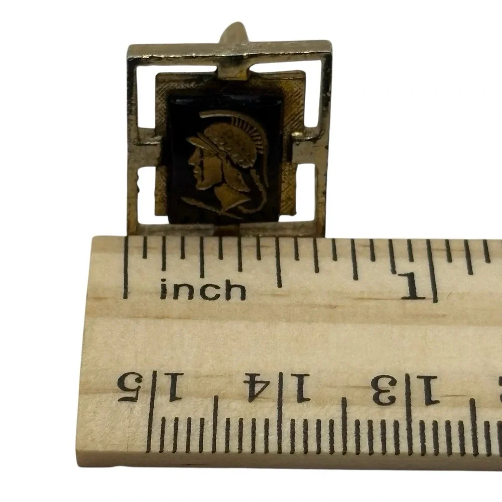 Vintage Cufflinks Roman Trojan Greek‎ Soldier Gold Tone Black Center Open Frame
